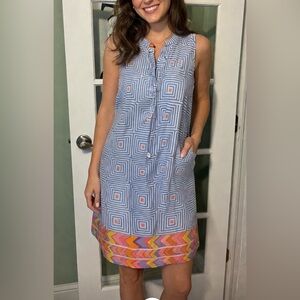 This item is an Oliphant blue white geometric cotton popover tunic sleeveless